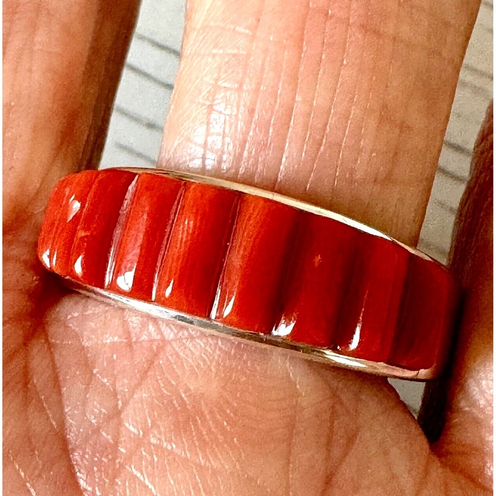 Navajo Red Coral Wedding Band Ring Sz 13 10mm Mens Signed A Lee Corn Inlay
